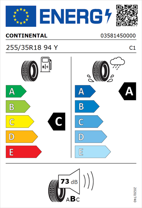 Tyre Label for Continental PremiumContact 6 255/35R18 94Y