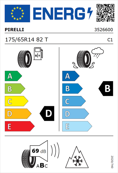 Tyre Label for Pirelli Cinturato All Season 175/65R14 82T