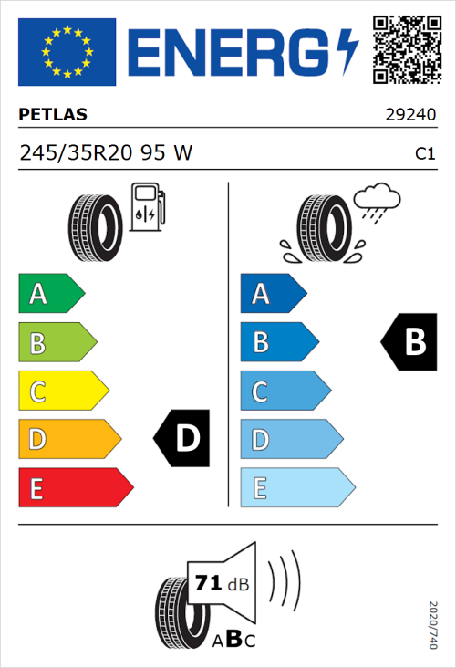 Tyre Label for Petlas Velox Sport PT741 245/35R20 95W