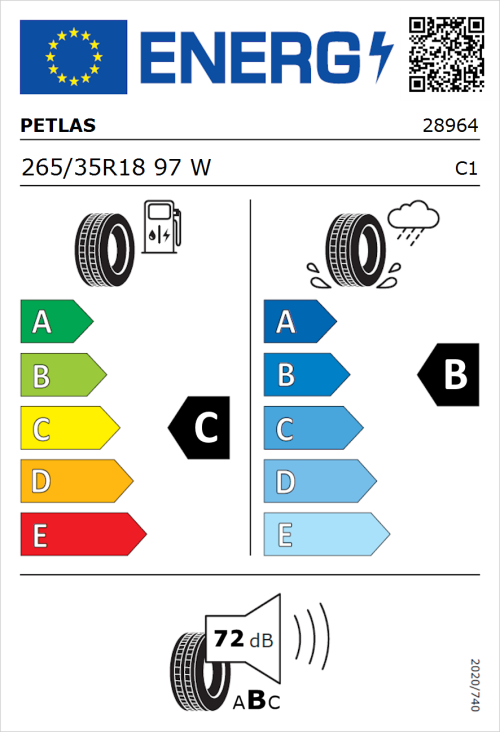 Tyre Label for Petlas Velox Sport PT741 265/35R18 97W