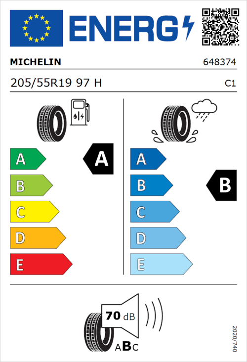 Tyre Label for Michelin e.primacy 205/55R19 97H