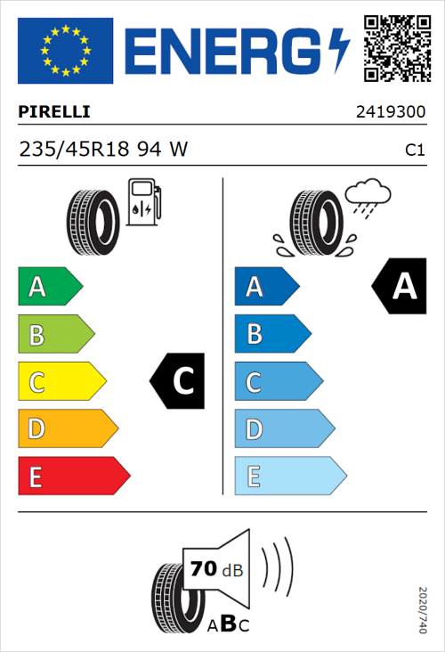 Tyre Label for Pirelli Cinturato P7 (Seal) 235/45R18 94W